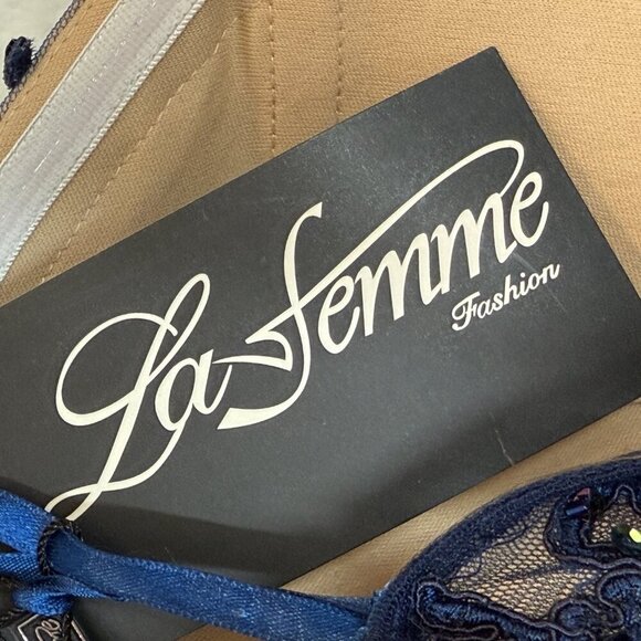 La Femme Formal Gown Cocktail Dress Blue Lace Hi Low Mesh Y2K Back Strapless 6 - Picture 11 of 15